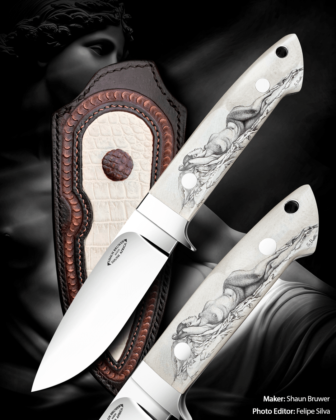 Loveless 4-inch drop point with 303 stainless fittings, paper ivory micarta, and custom scrimshaw