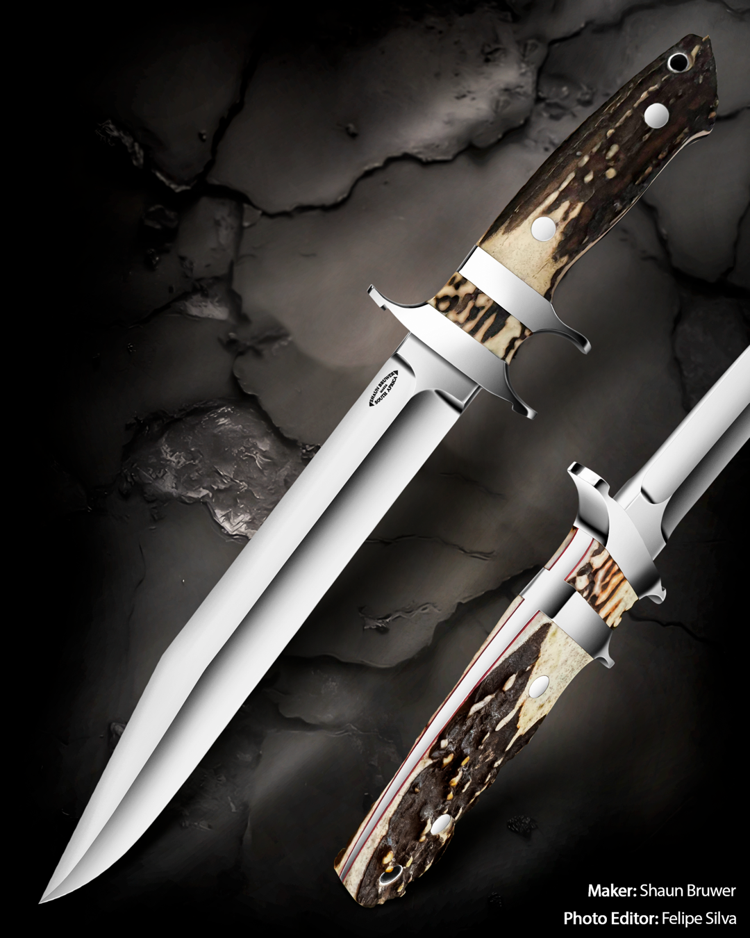 Loveless Big Bear 8.5-inch knife in CM154 stainless steel with 303 stainless steel fittings and sambar stag