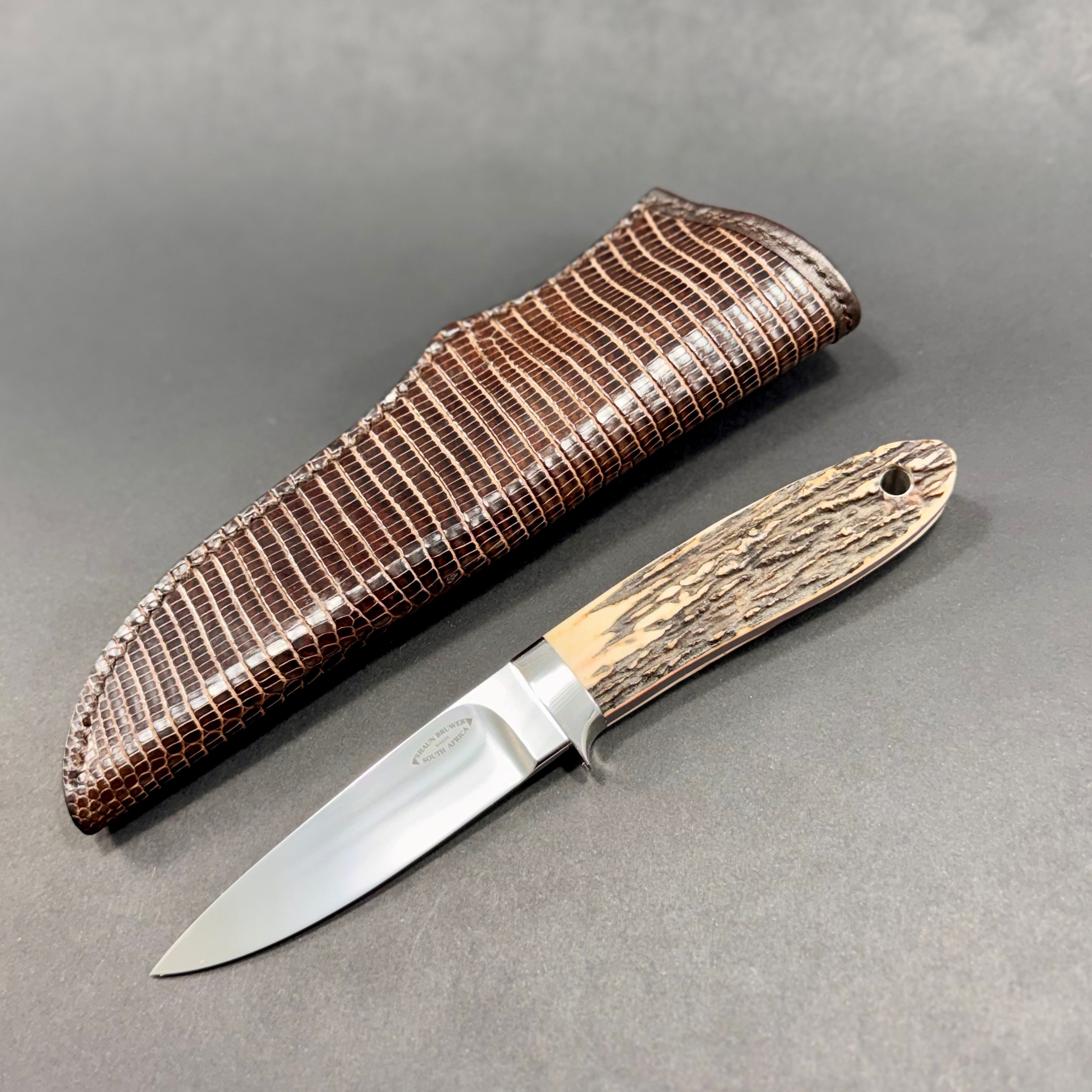 Loveless lamb handled bird knife in RWL34 stainless steel with 303 stainless fittings and sambar stag