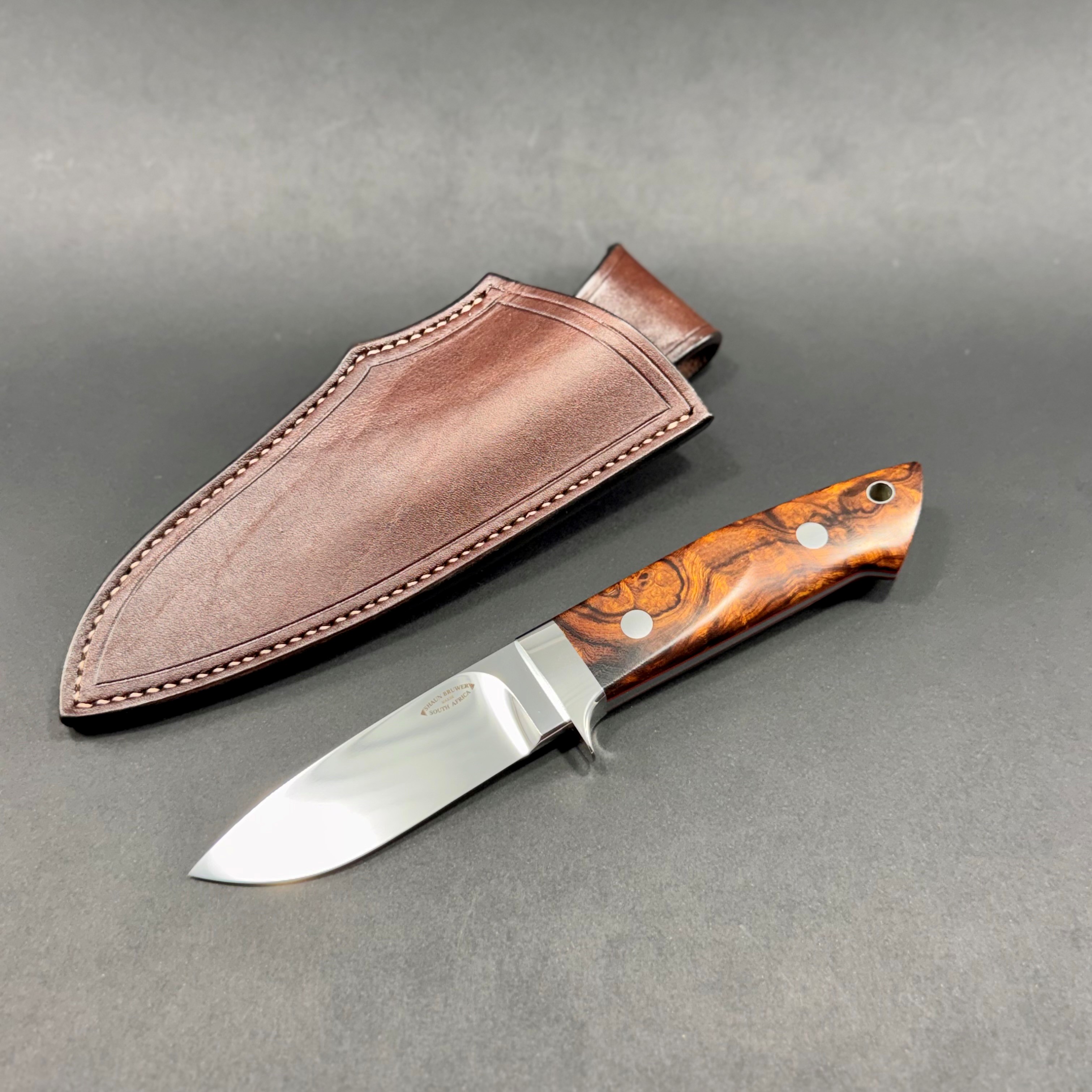 Loveless medium 3-inch drop point with 303 stainless fittings and Arizona desert ironwood burl