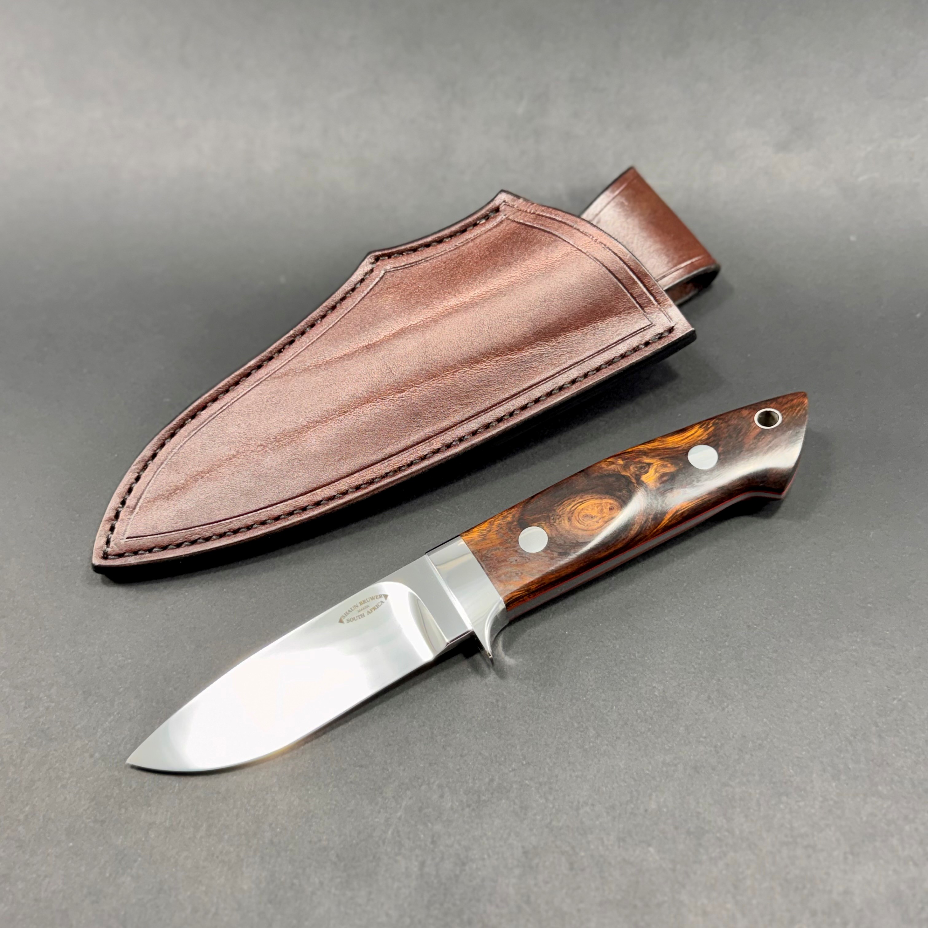 Loveless medium 3-inch drop point with 303 stainless fittings and Arizona desert ironwood burl